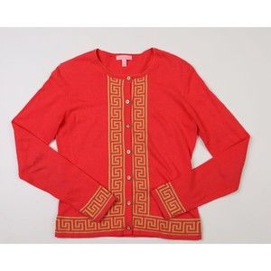 XS Lilly Pulitzer solid fuchsia pink cardigan sweater with gold Greek trim